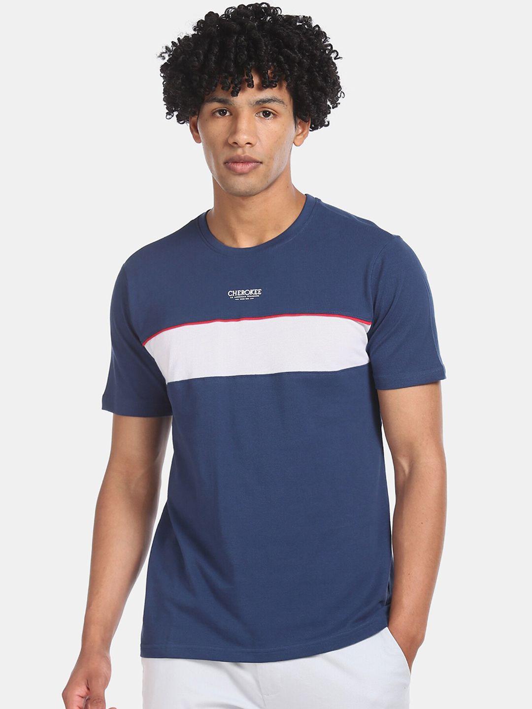 cherokee men navy blue  white colourblocked round neck cotton pure cotton t-shirt