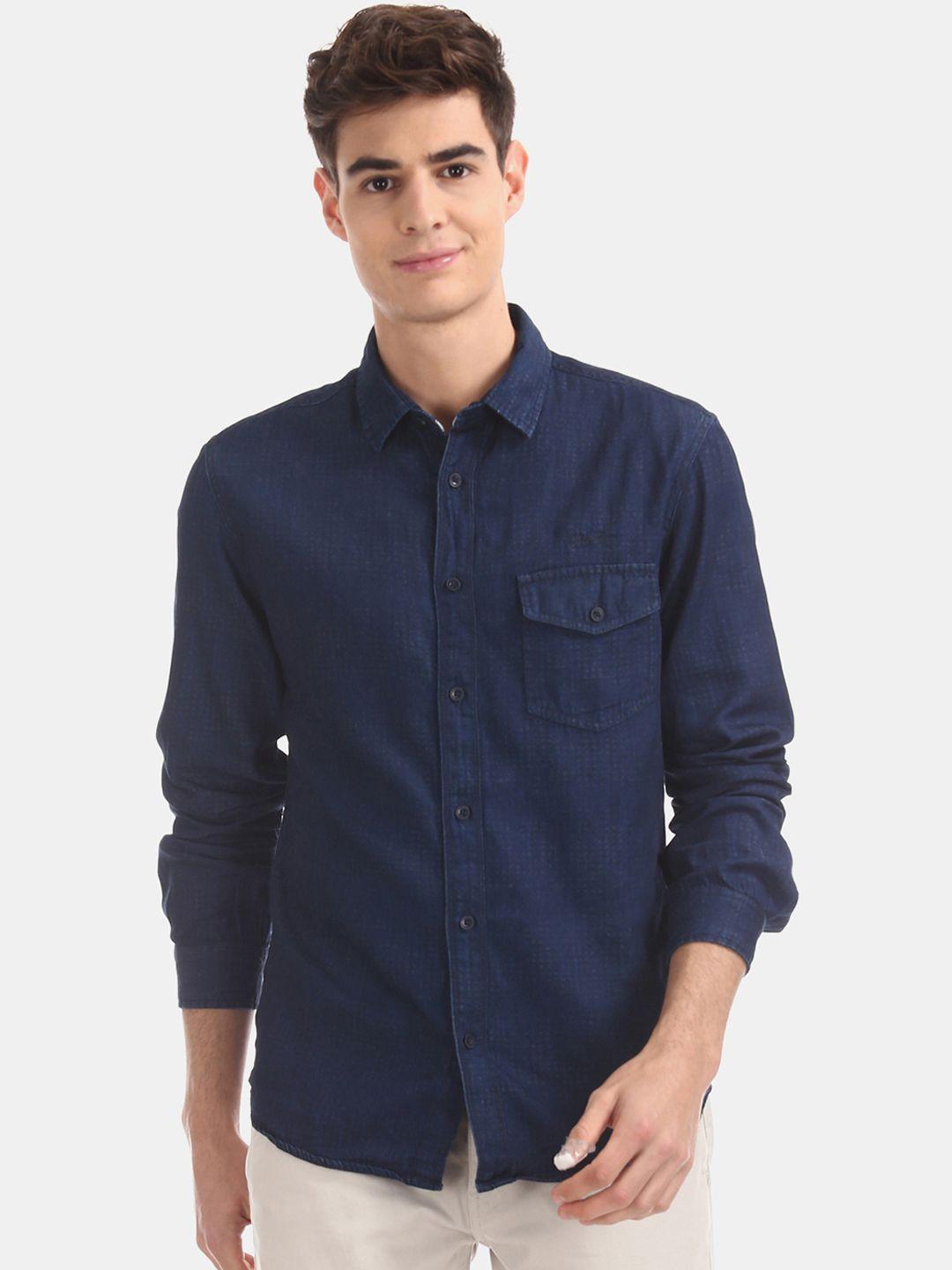 cherokee men navy blue regular fit solid casual shirt