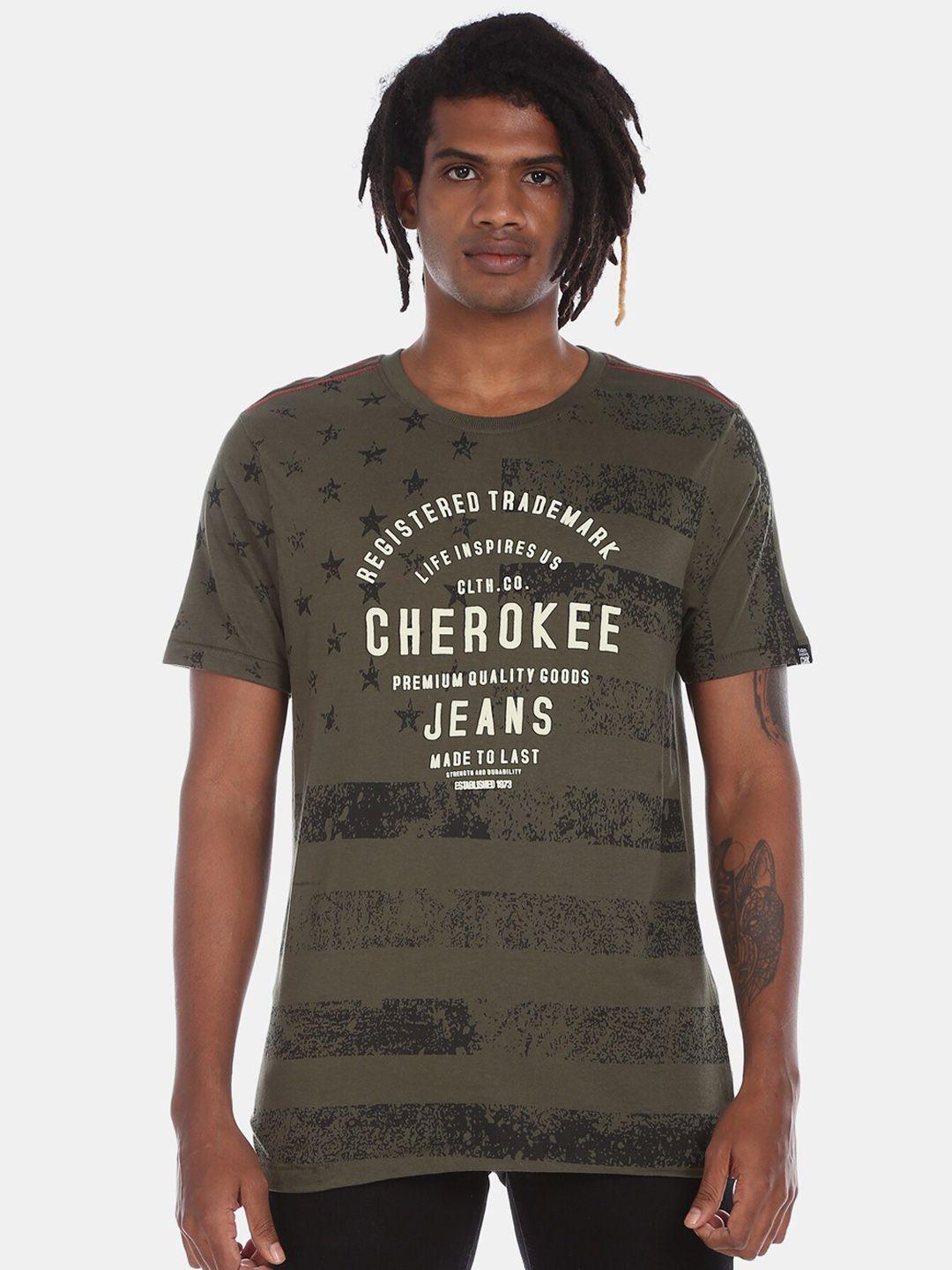 cherokee men olive green printed round neck t-shirt