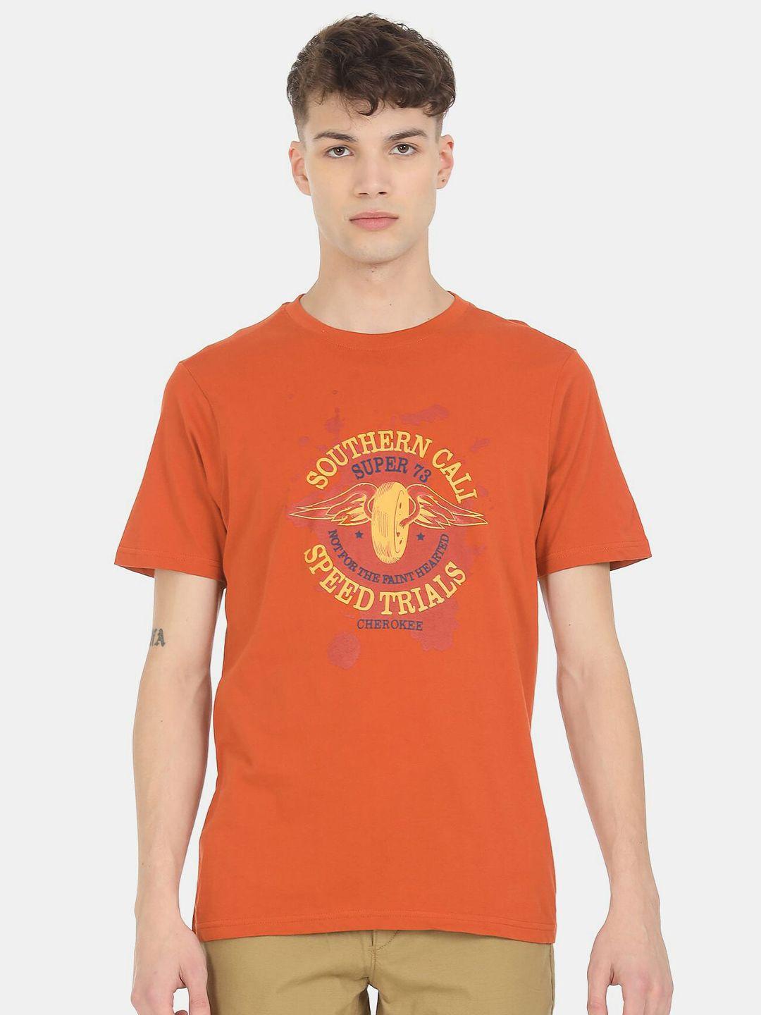 cherokee men orange graphic printed pure cotton t-shirt