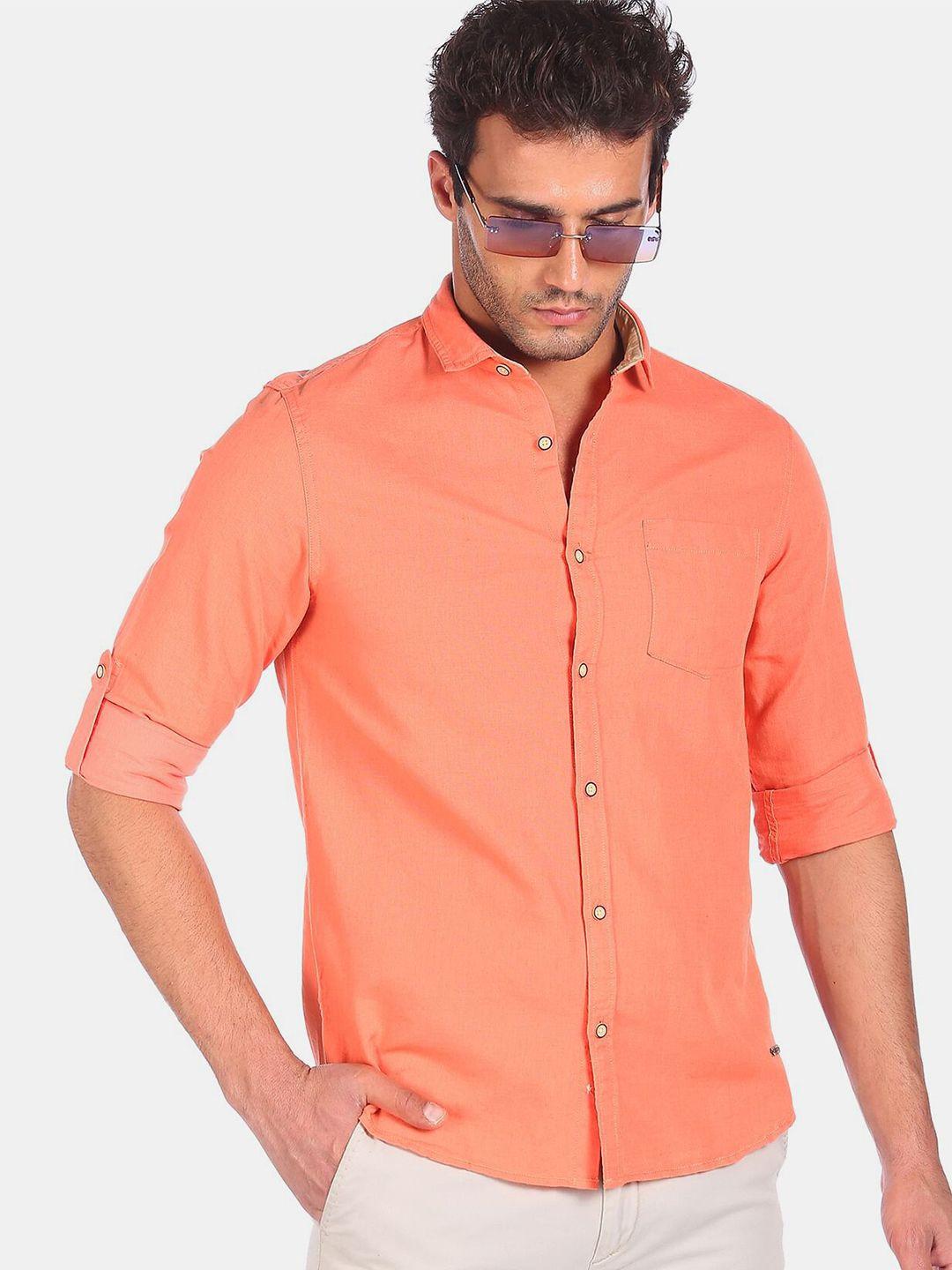 cherokee men orange solid regular fit casual shirt