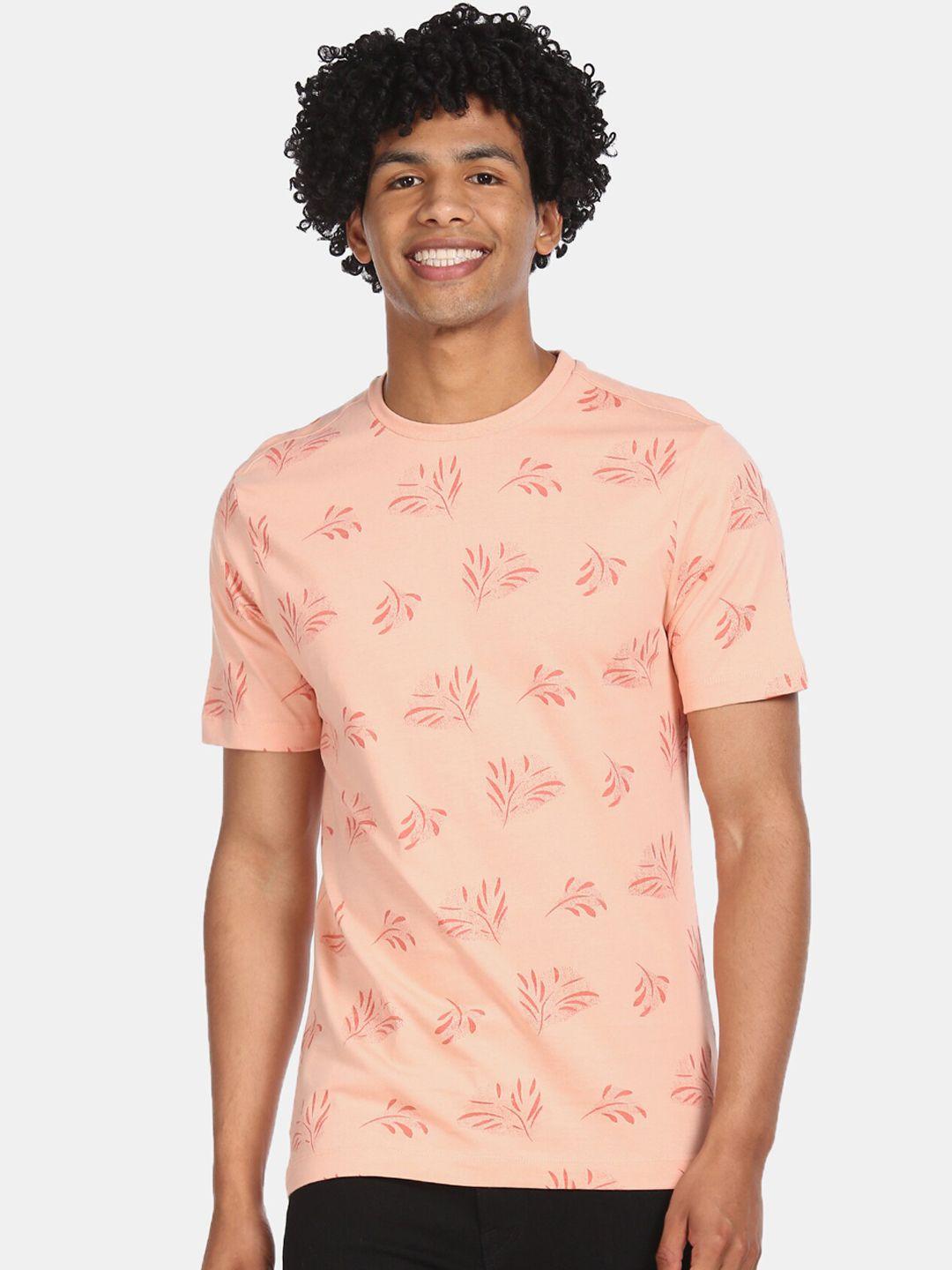 cherokee men peach-coloured printed round neck cotton t-shirt