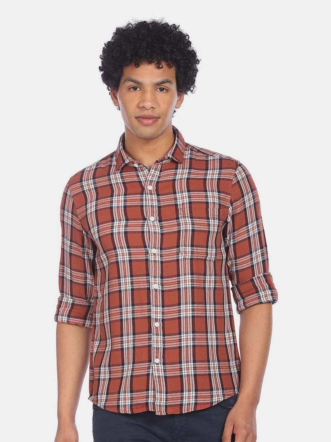 cherokee men rust & white checked casual shirt