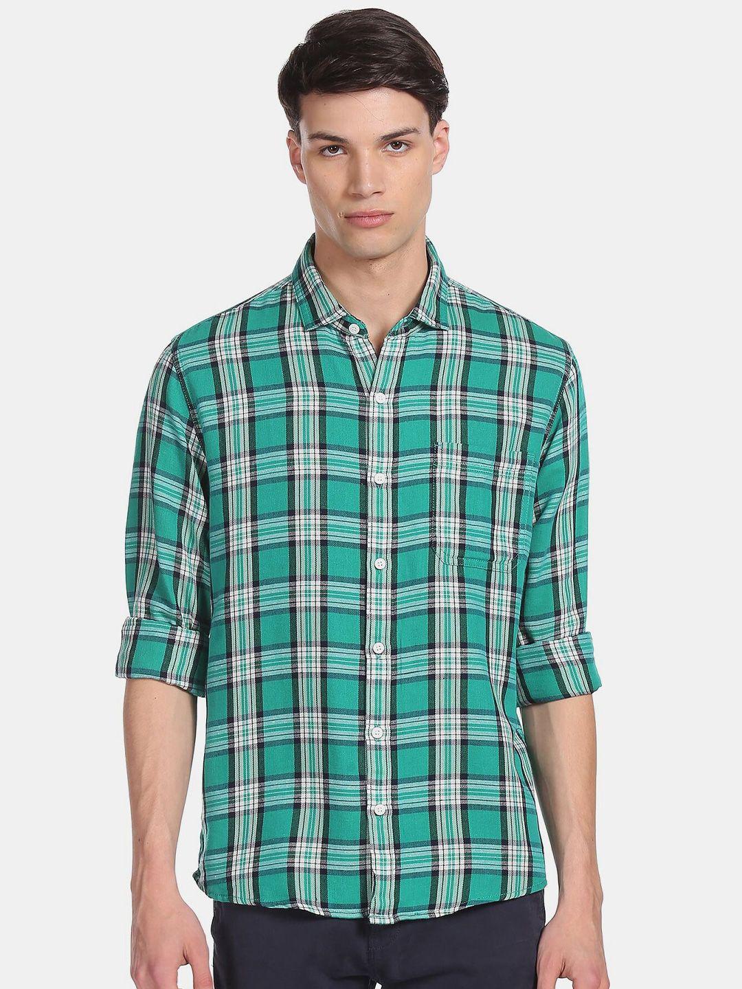 cherokee men teal green & white checked casual shirt