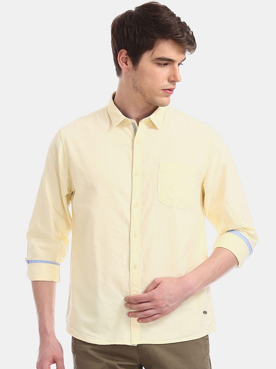 cherokee men yellow regular fit solid casual shirt