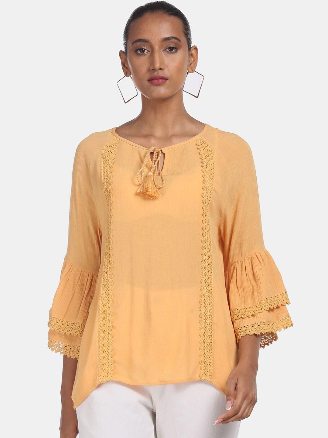 cherokee mustard tie-up neck bell sleeves regular top