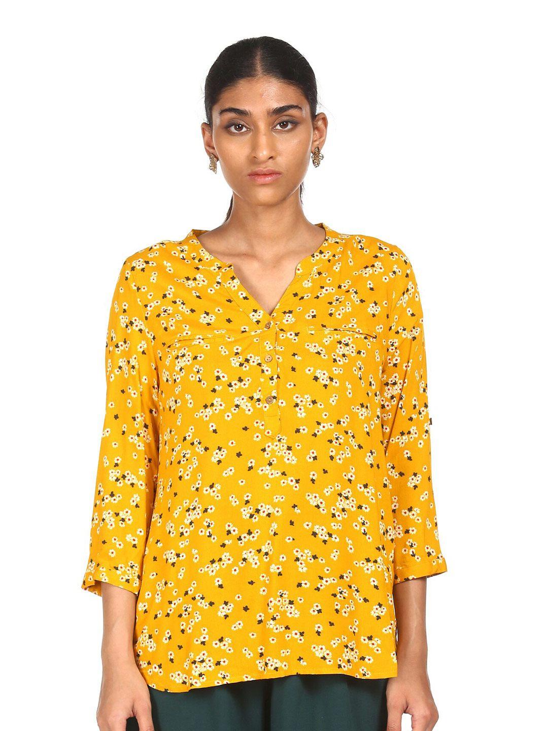cherokee mustard yellow floral mandarin collar shirt style top