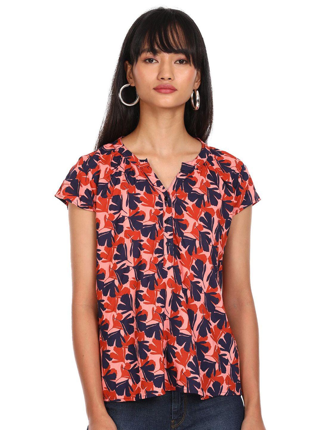 cherokee pink & navy blue floral printed mandarin collar shirt style top