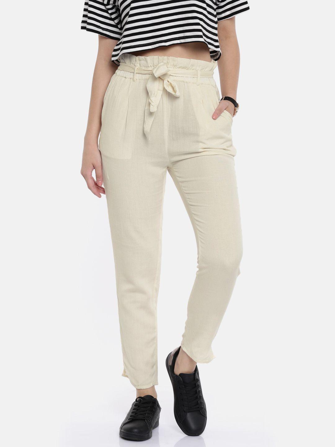 cherokee women beige slim fit solid regular trousers