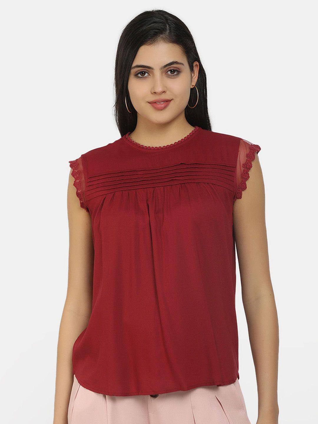 cherokee women maroon solid round neck regular top