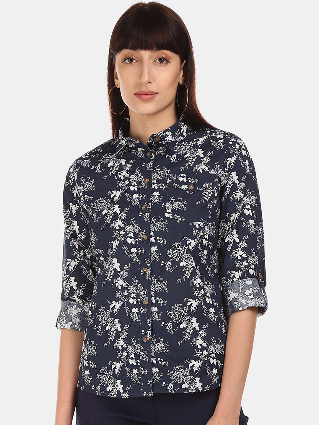 cherokee women navy blue & off-white regular fit printed casual shirt