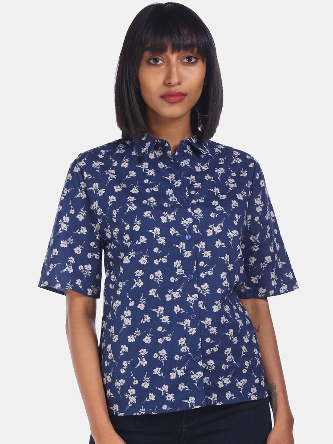 cherokee women navy blue regular fit printed casual shirt