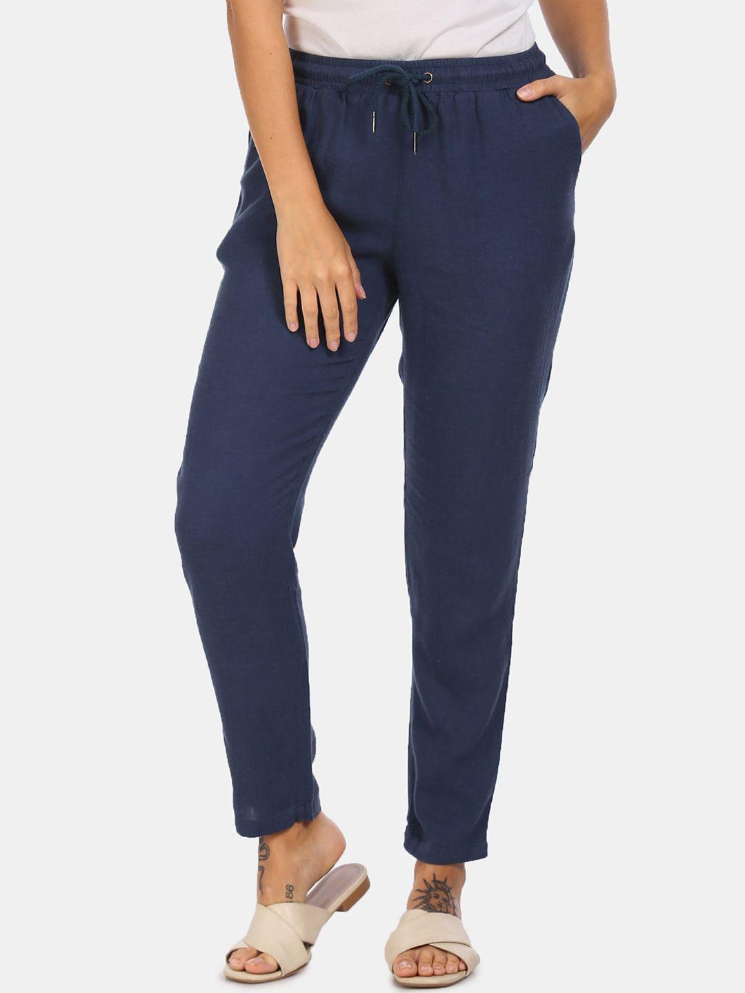 cherokee women navy blue regular fit solid regular trousers