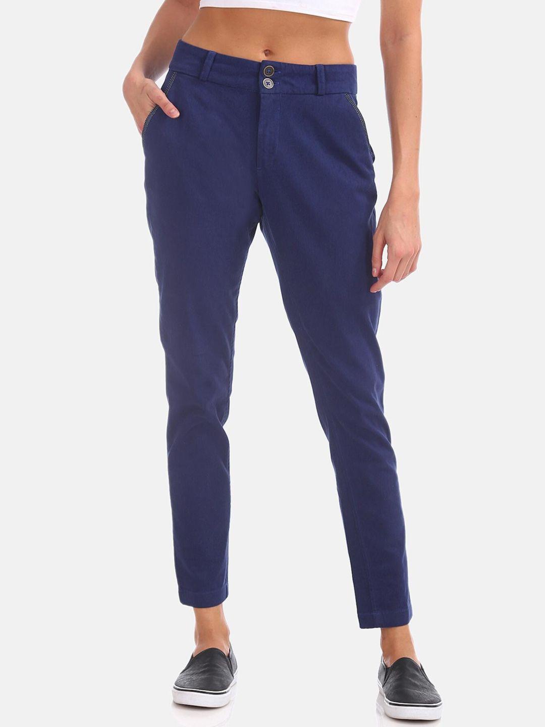 cherokee women navy blue regular fit solid regular trousers