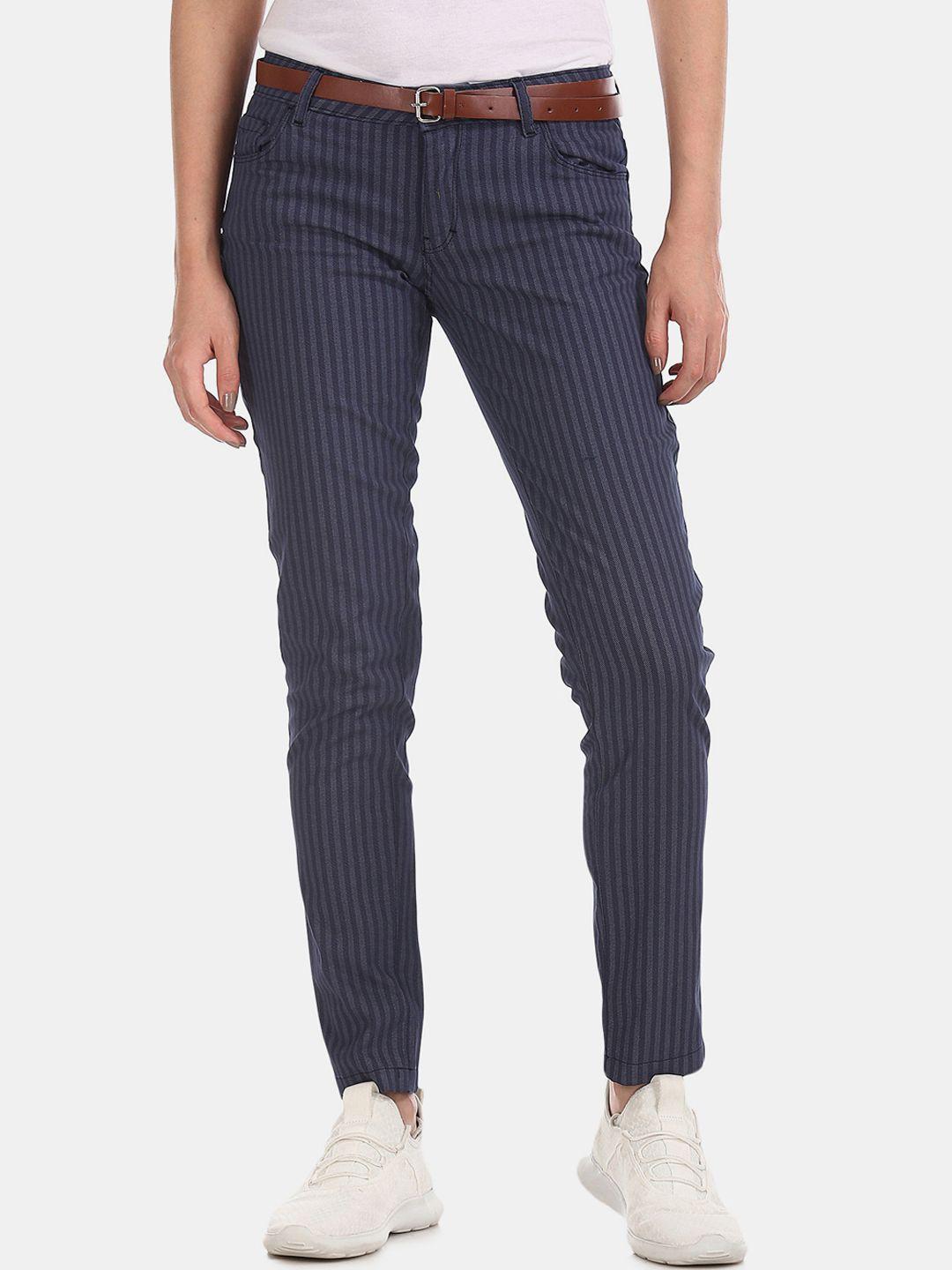 cherokee women navy blue regular fit striped cigarette trousers