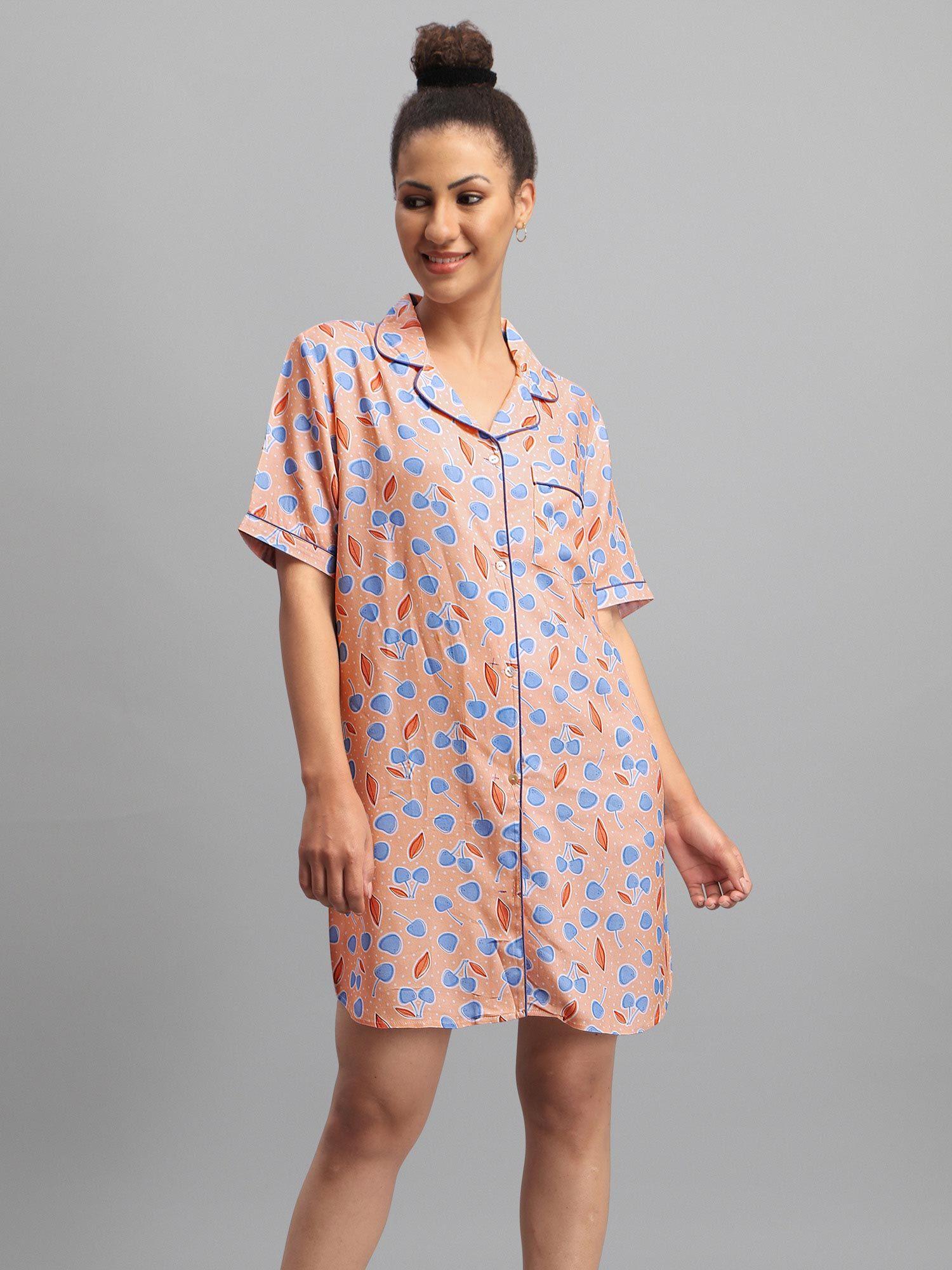 cherries around liva rayon twill collared nightwear sleepshirt-peach