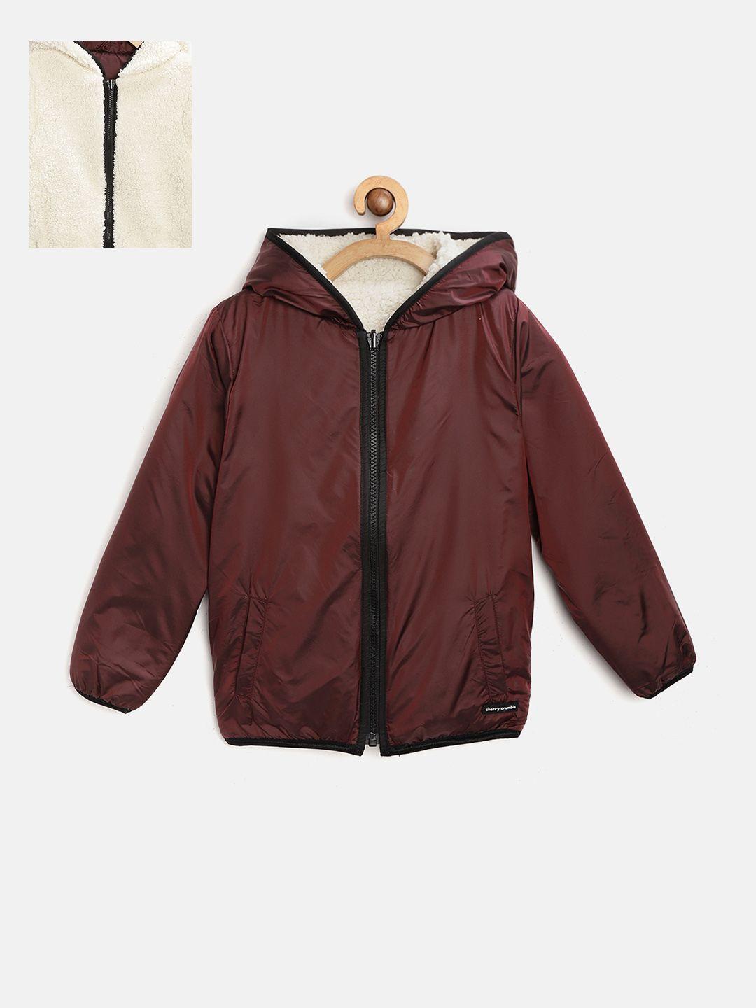 cherry crumble kids burgundy & off-white solid reversible hodded padded jacket