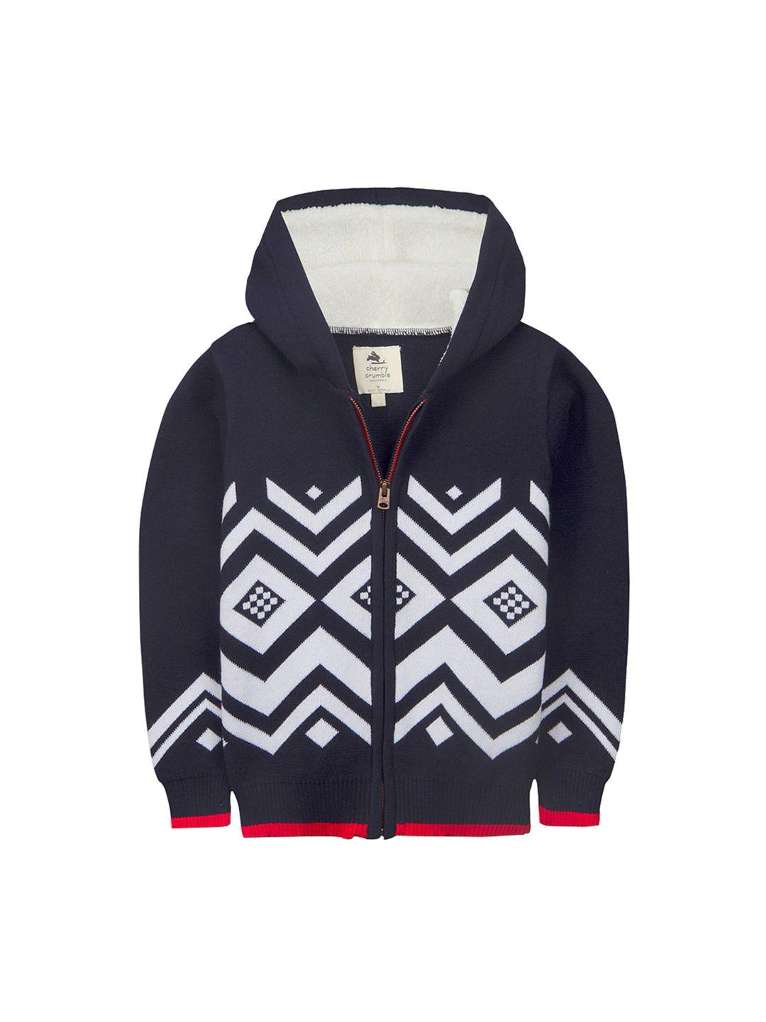 cherry crumble kids navy blue & white printed front-open sweater