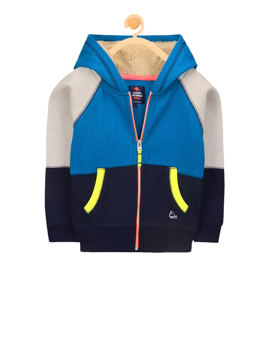 cherry crumble unisex kids blue & cream-coloured colourblocked hooded sweatshirt