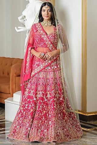 cherry pink silk & tulle floral embroidered lehenga set