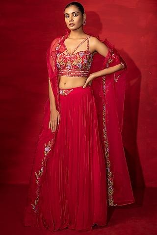 cherry red embroidered cape set