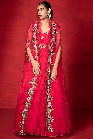 cherry red embroidered gown with cape