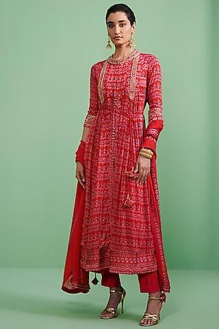 cherry red embroidered kurta set