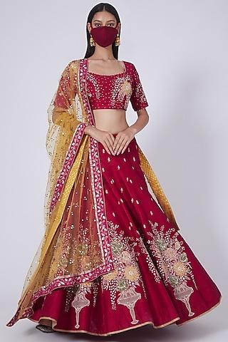 cherry red floral embroidered kalidar lehenga set with mask
