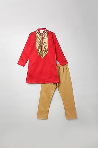 cherry red lace embroidered kurta set for boys