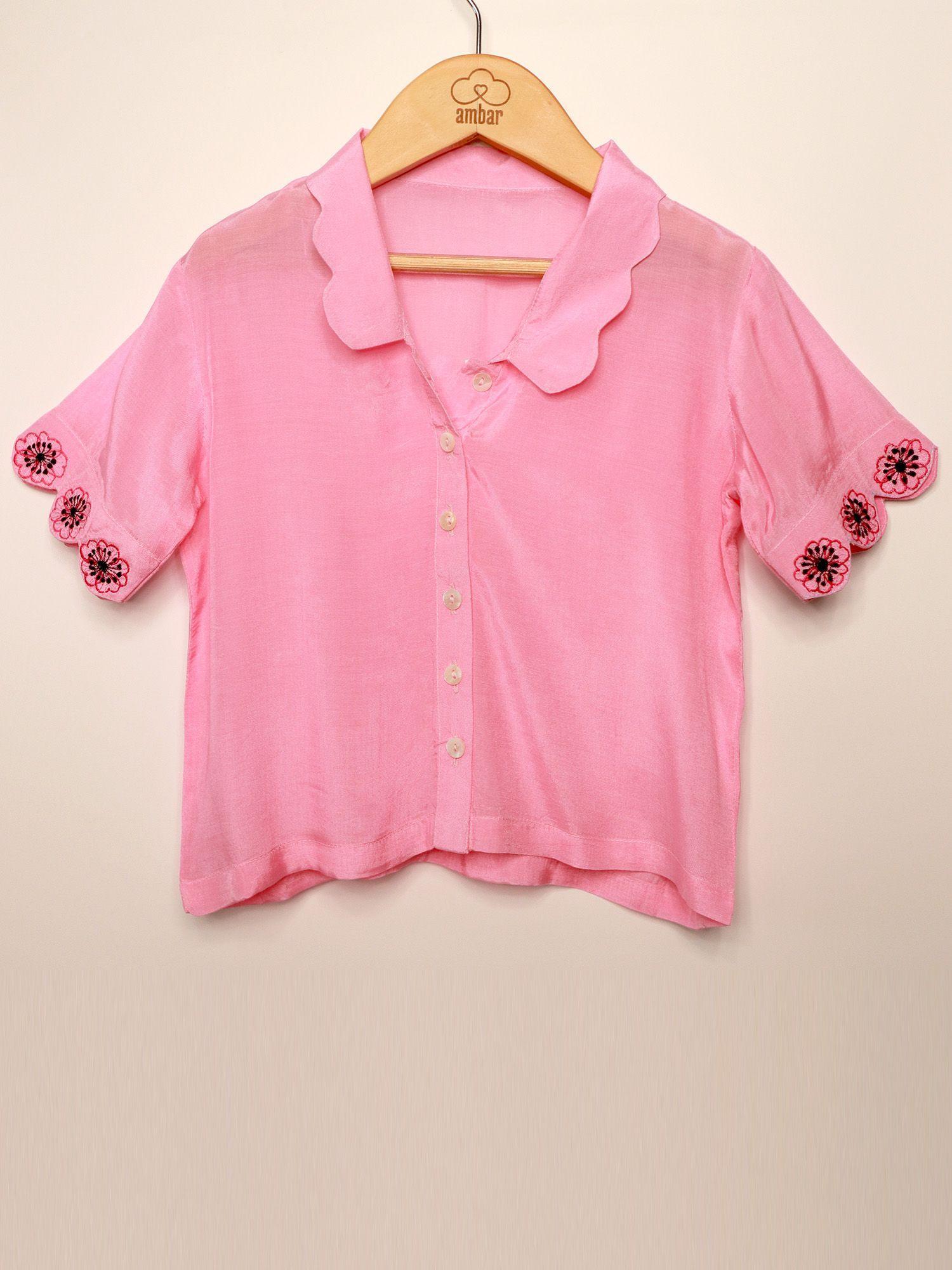 cherry blossom embroidery scallop collar and sleeve cotton muslin shirt pink