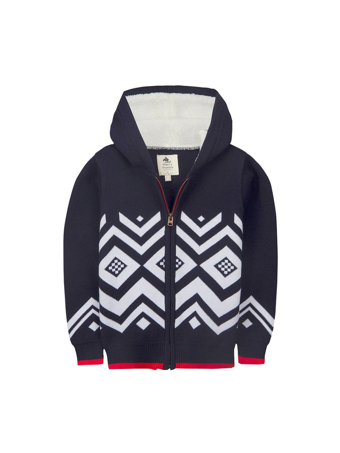 cherry crumble boys and girls navy blue printed fair hooded sweater