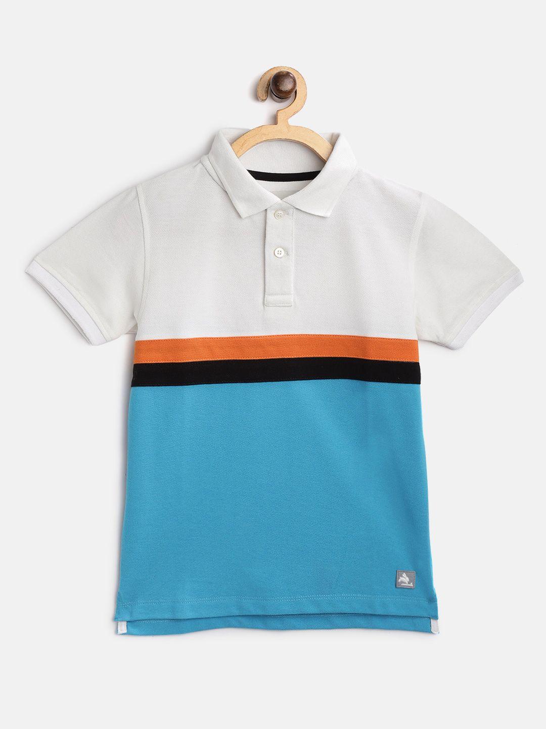 cherry crumble boys blue & white colourblocked polo collar t-shirt