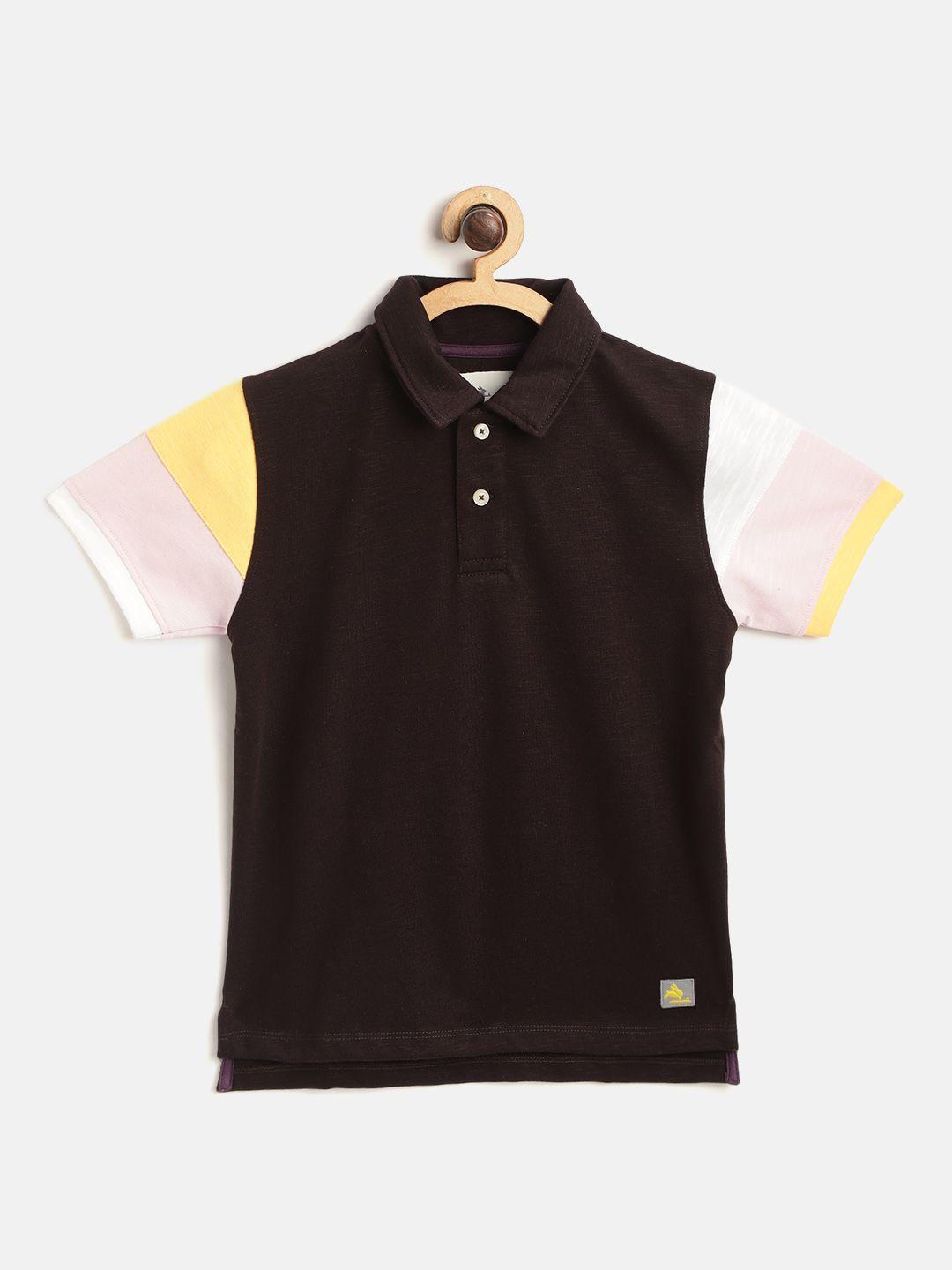 cherry crumble boys coffee brown & pink solid polo collar t-shirt