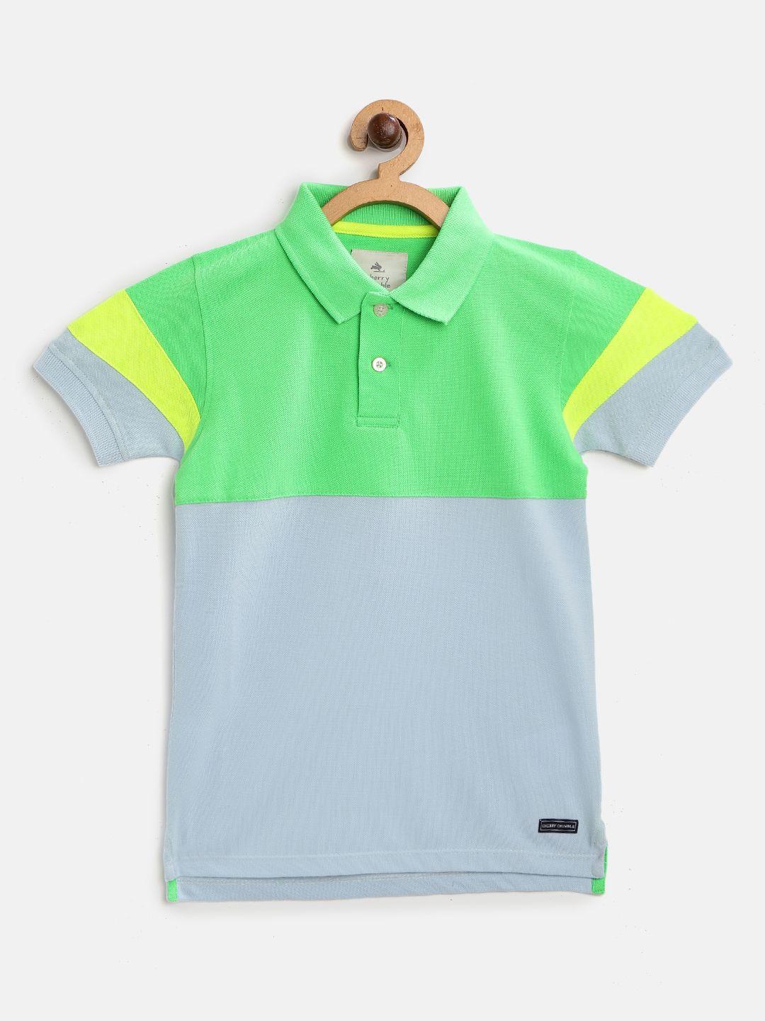 cherry crumble boys green & blue colourblocked polo collar t-shirt