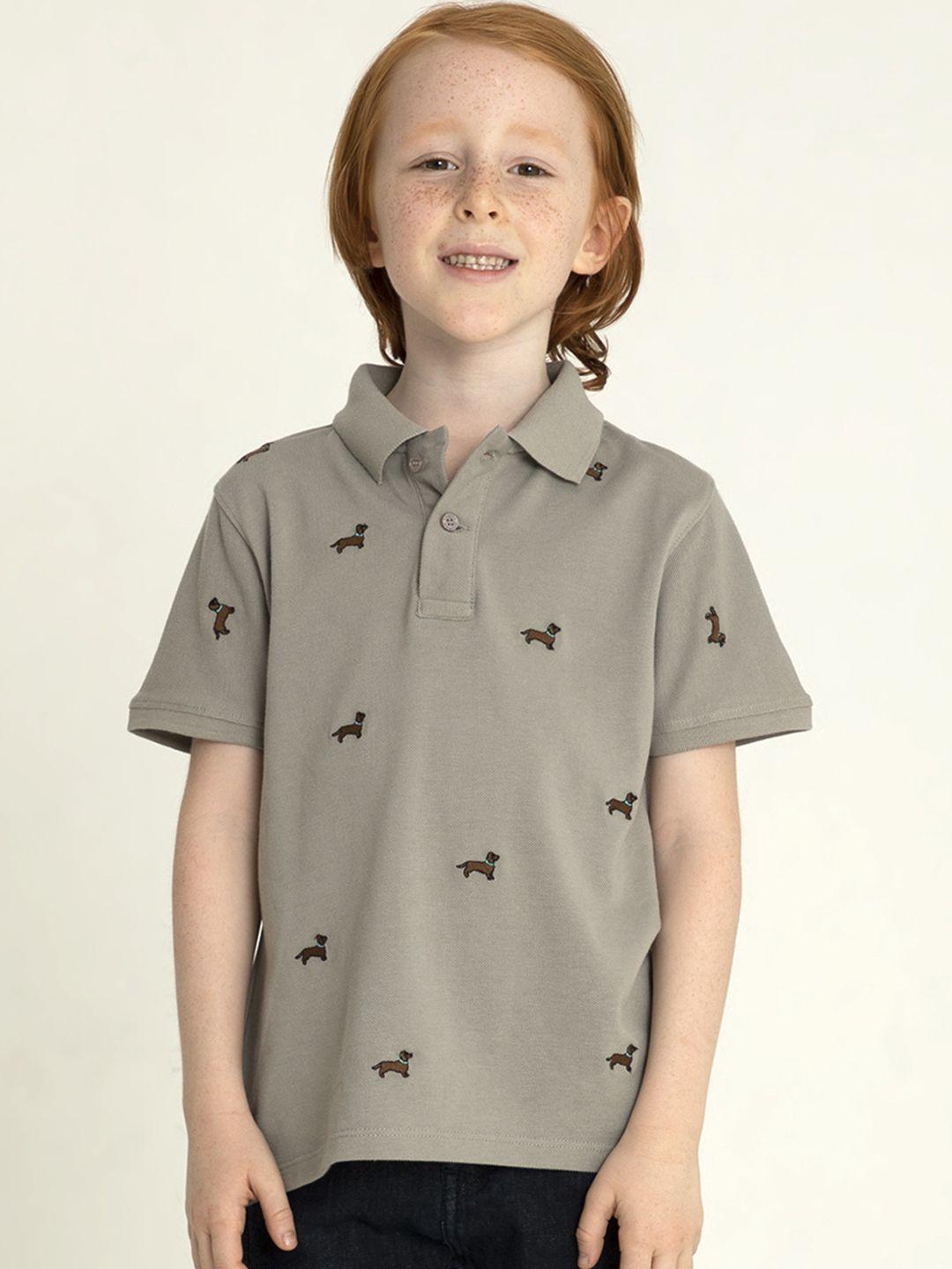 cherry crumble boys grey & coffee brown dog embroidered polo collar t-shirt
