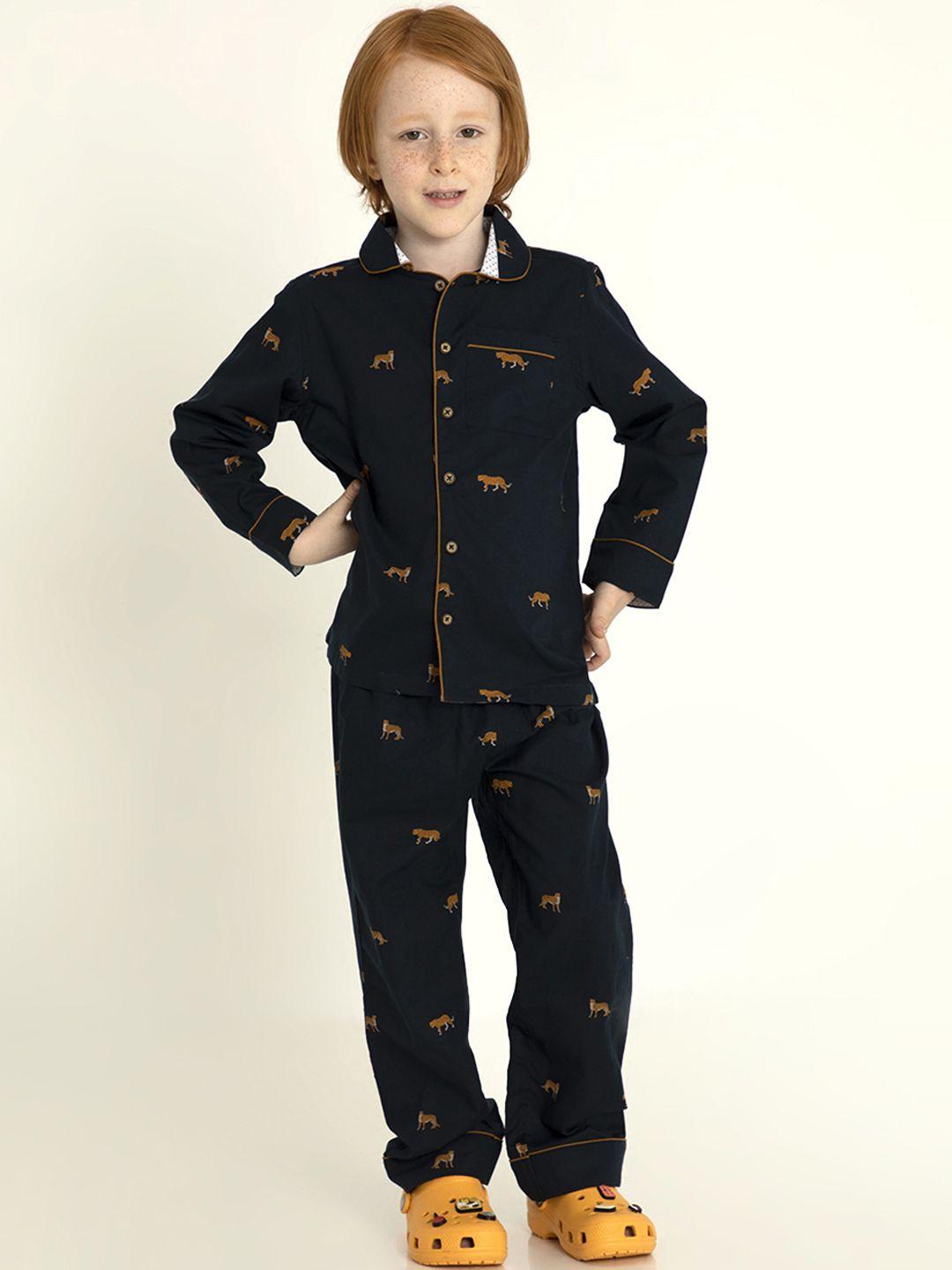 cherry crumble boys navy blue & mustard leopard printed cotton night suit