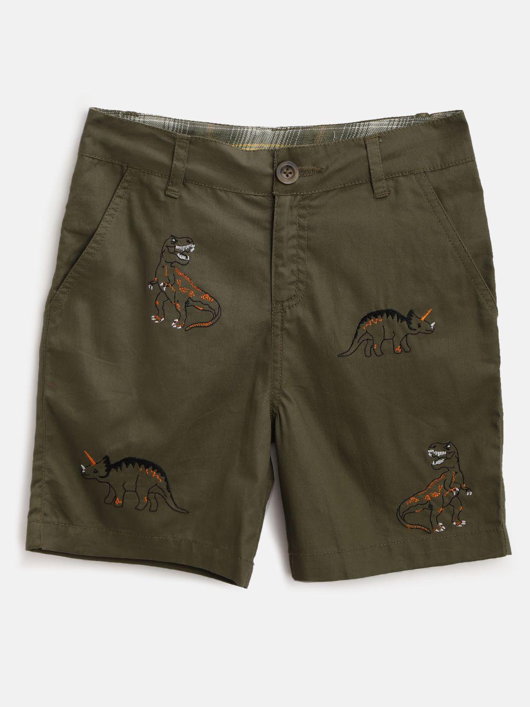 cherry crumble boys olive green dinosaur embroidered regular fit chino shorts