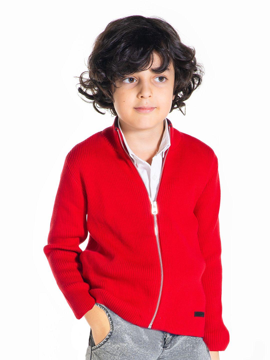 cherry crumble boys red self design front-open sweater