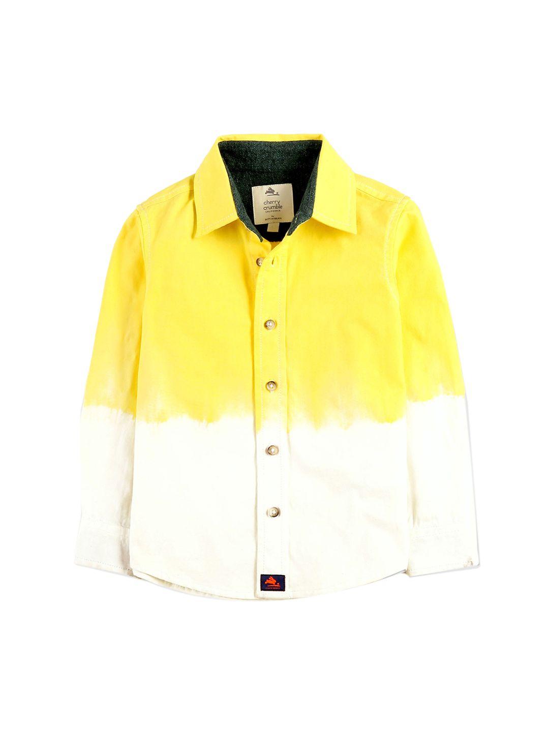 cherry crumble boys yellow & white regular fit ombre dyed casual shirt