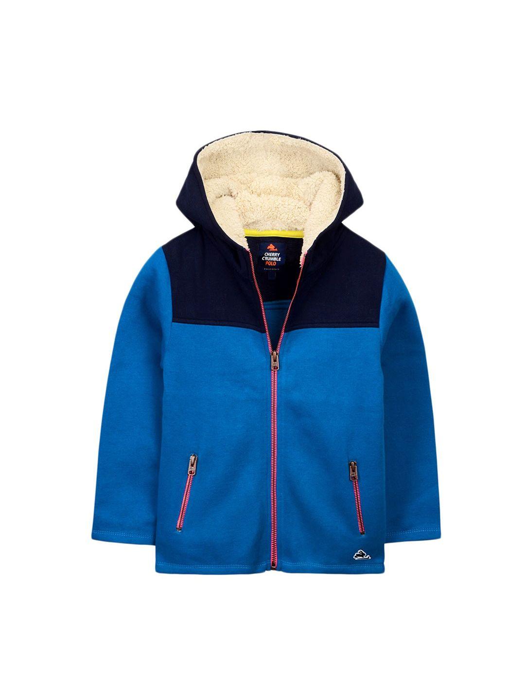 cherry crumble kids blue & navy blue colourblocked hooded front-open sweatshirt
