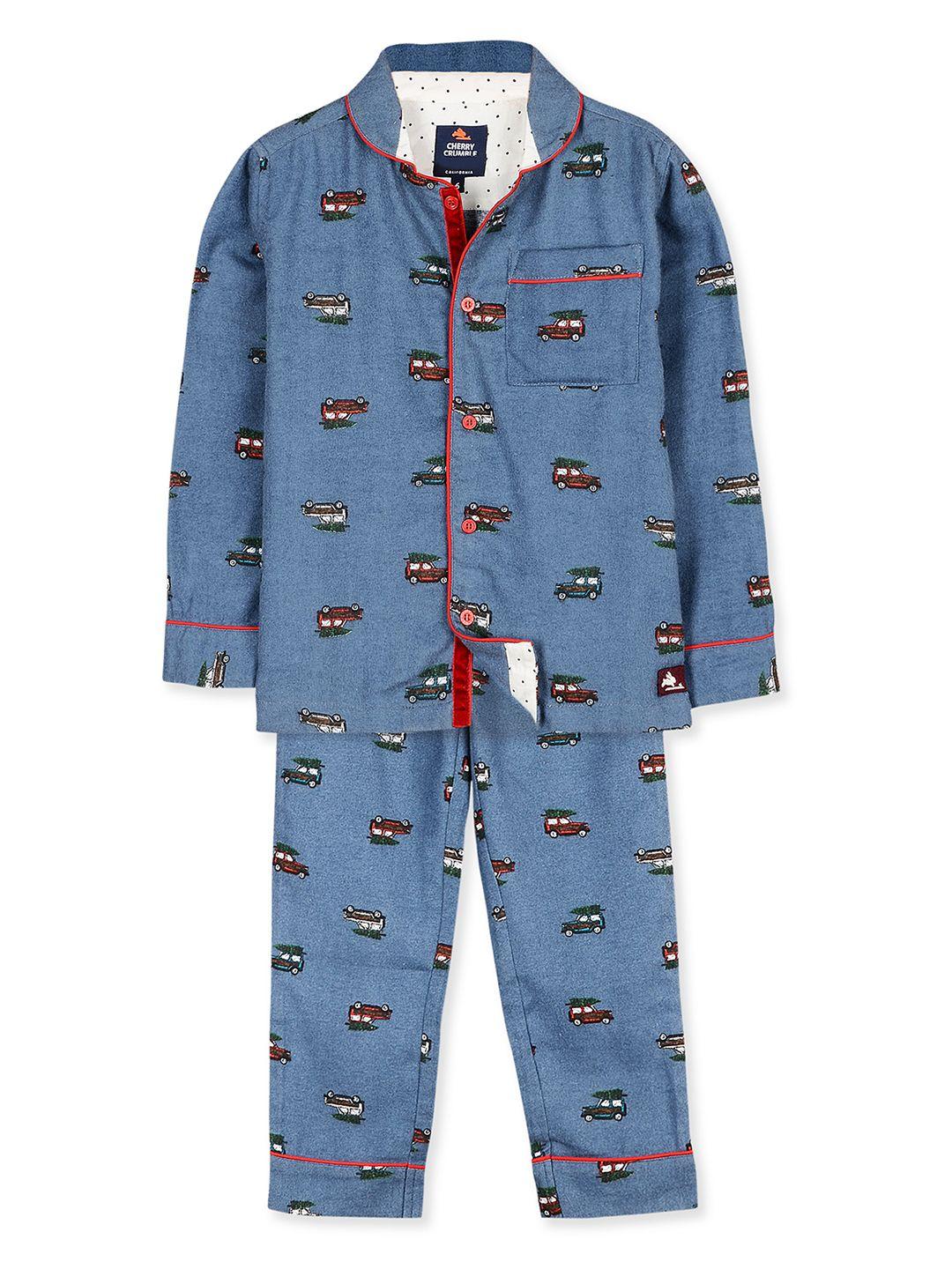 cherry crumble kids blue & red printed night suit