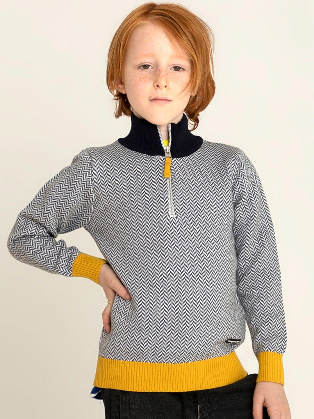 cherry crumble kids grey & white self design  half-zip sweater