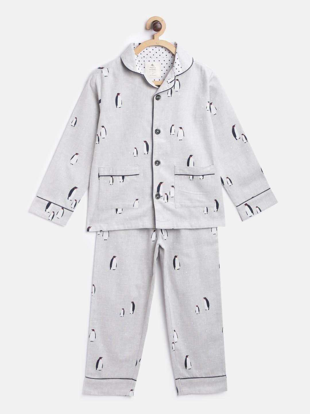 cherry crumble kids grey melange & white penguin print night suit