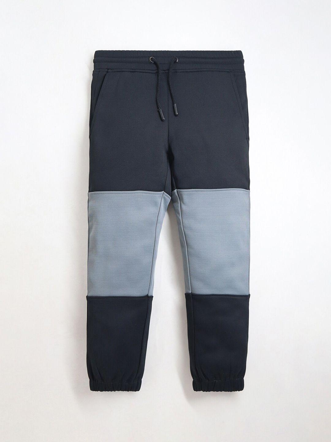 cherry crumble kids navy-blue & grey colorblocked slim-fit track pants