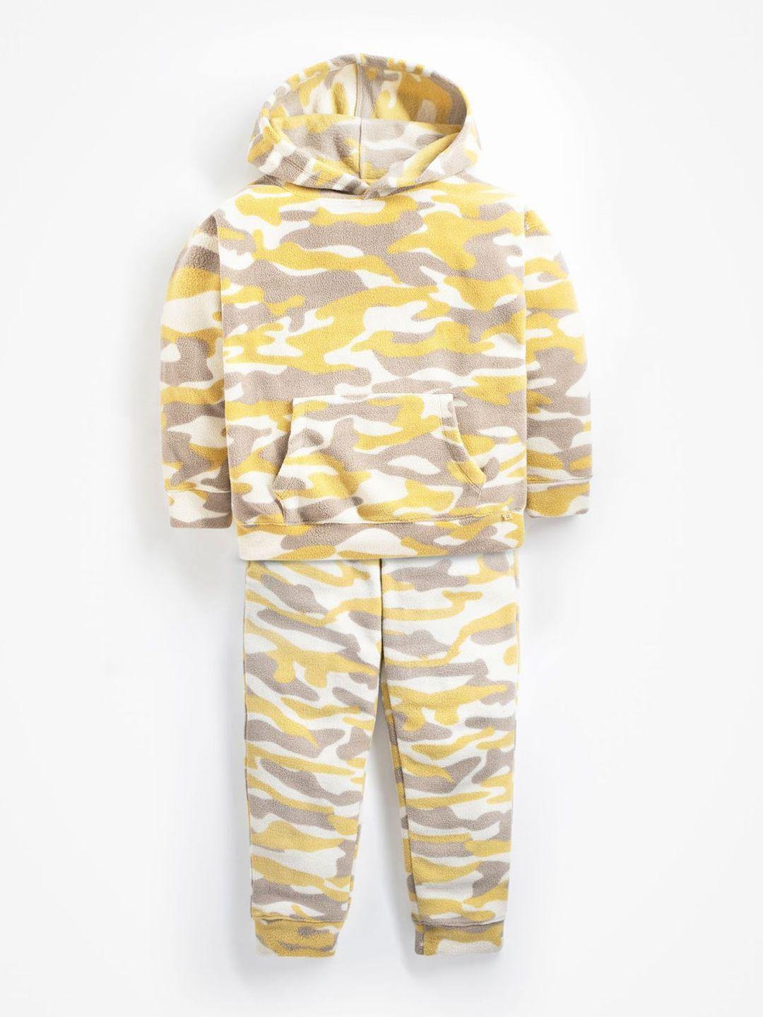 cherry crumble unisex kids beige & white printed hooded nightsuit