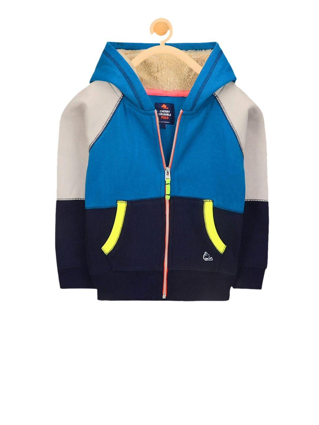 cherry crumble unisex kids blue & off-white colourblocked hooded sweatshirt
