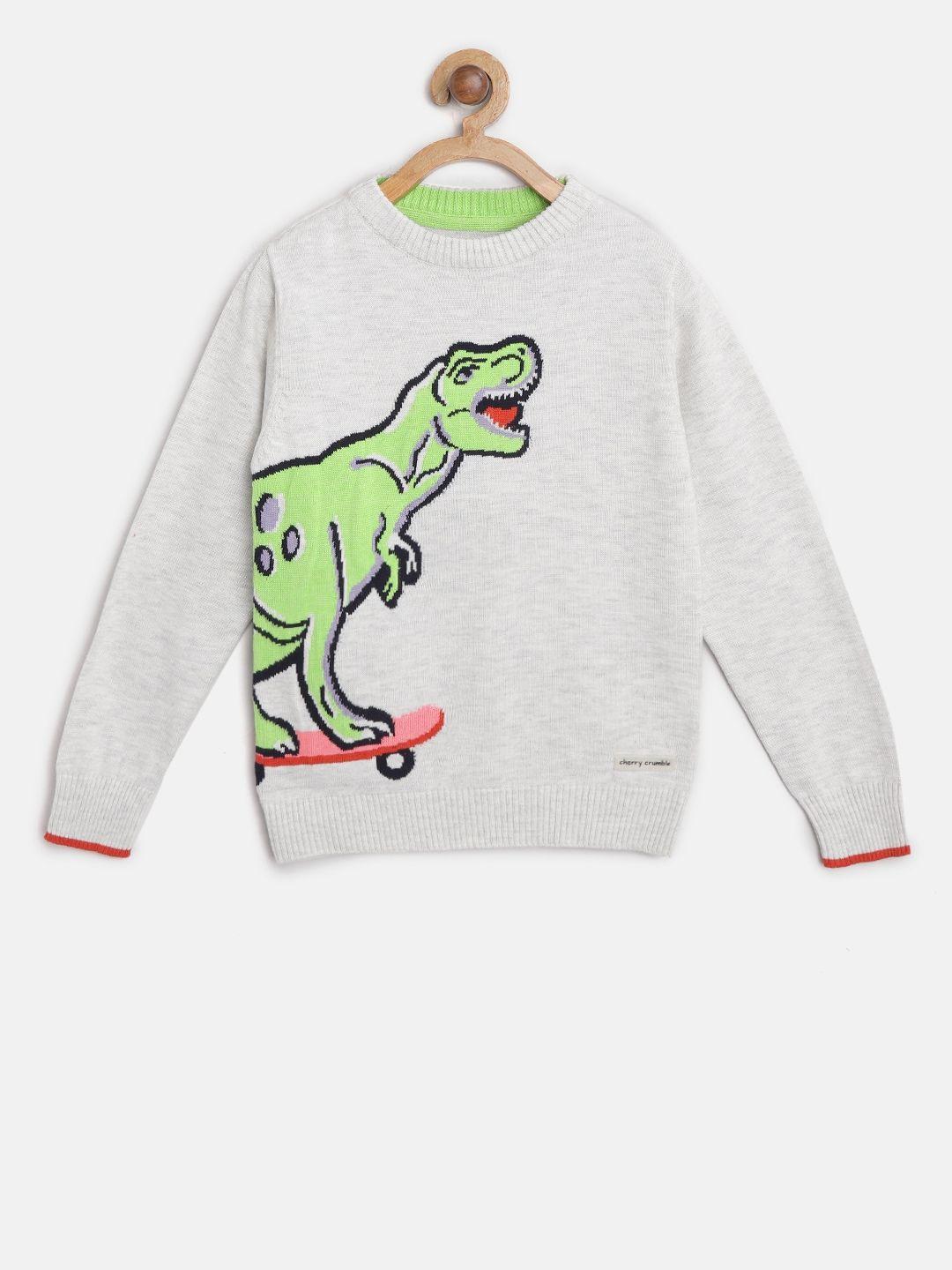 cherry crumble unisex kids grey melange & green printed sweater