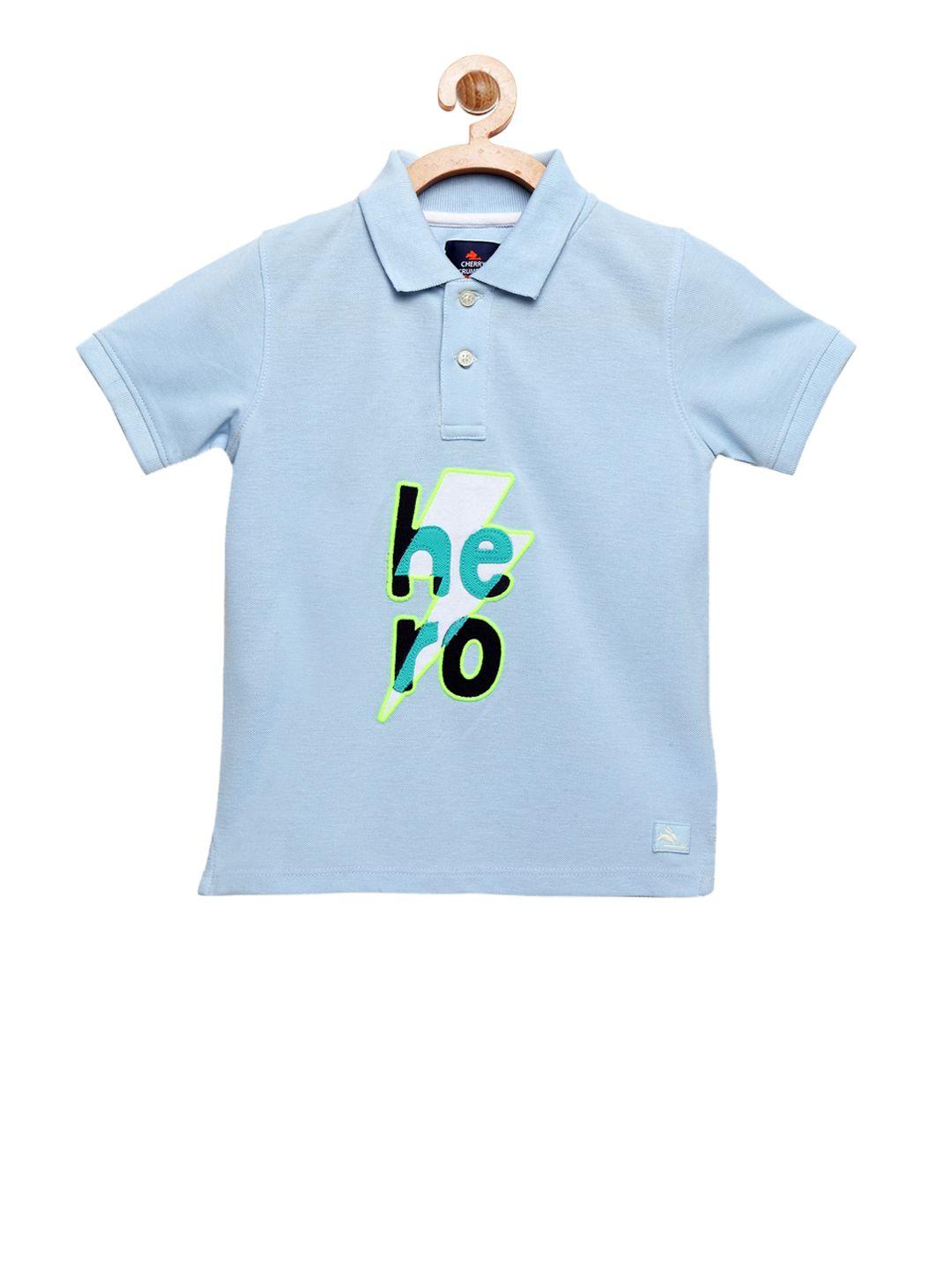 cherry crumble unisex kids turquoise blue polo collar t-shirt with applique detail