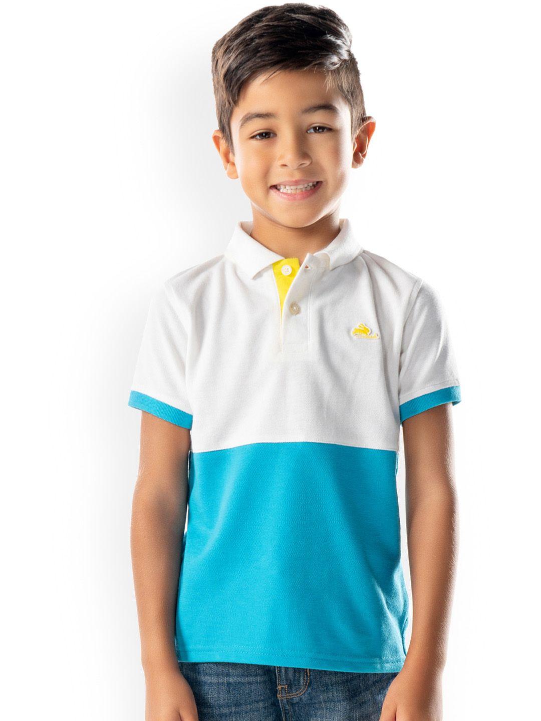 cherry crumble unisex kids white & blue colourblocked polo collar t-shirt