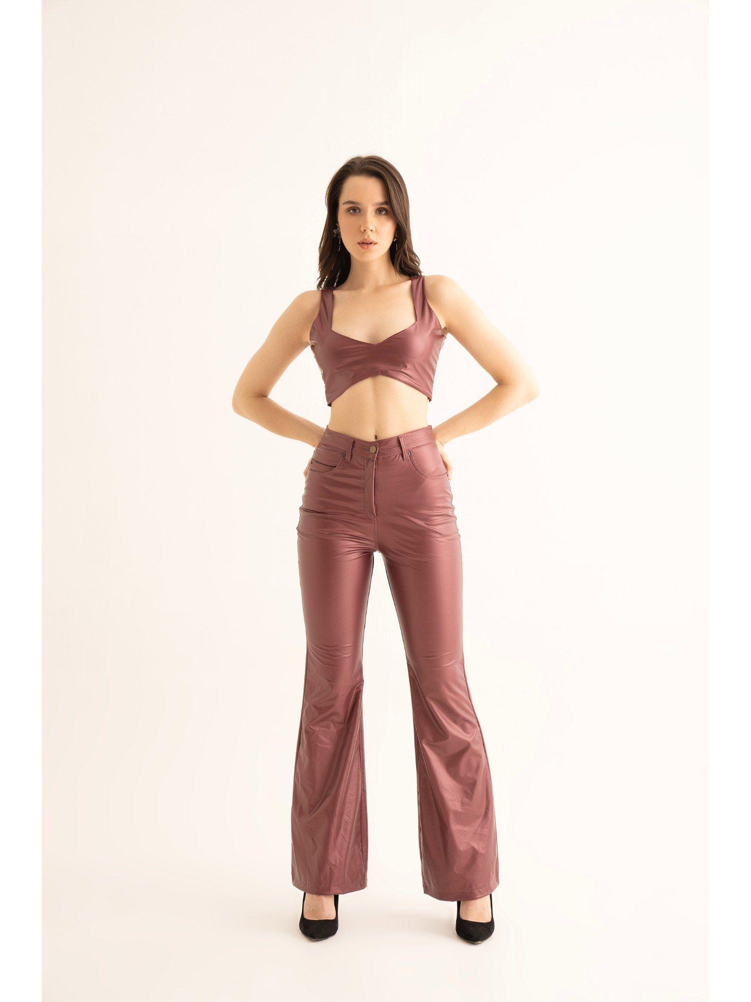 cherry maroon faux leather flared pant